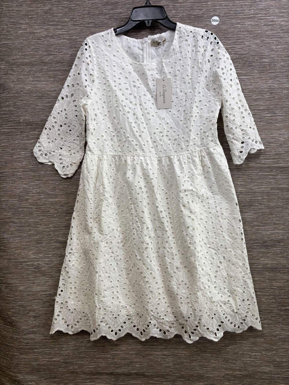 Le Ragazze Dress Womens L White Eyelet Lace Fit & Flare 3/4 Sleeve Knee Length